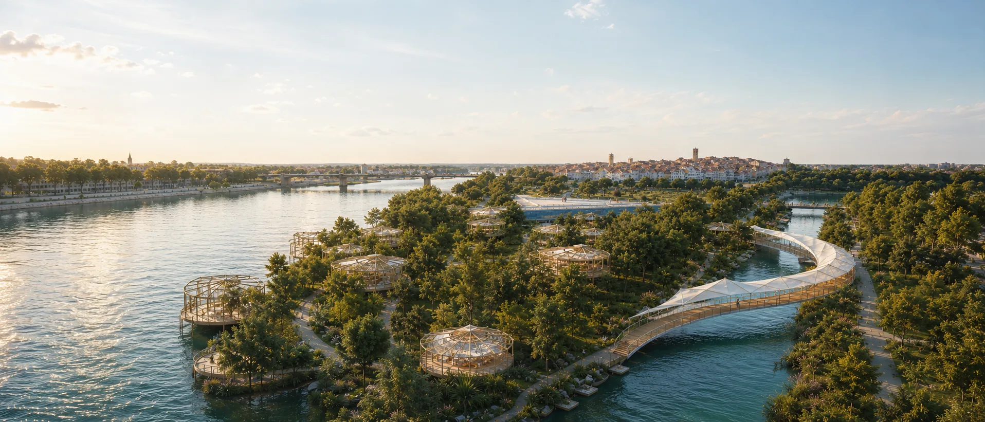 Vue prospective des rives du Rhône à Arles, pavillons légers et passerelle parmi les arbres